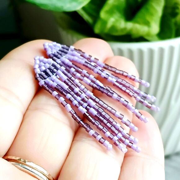 Beaded Fringe Stud Earrings, Seed Bead Jewelry, Purple Dangle Studs, 2" - Picture 4 of 5